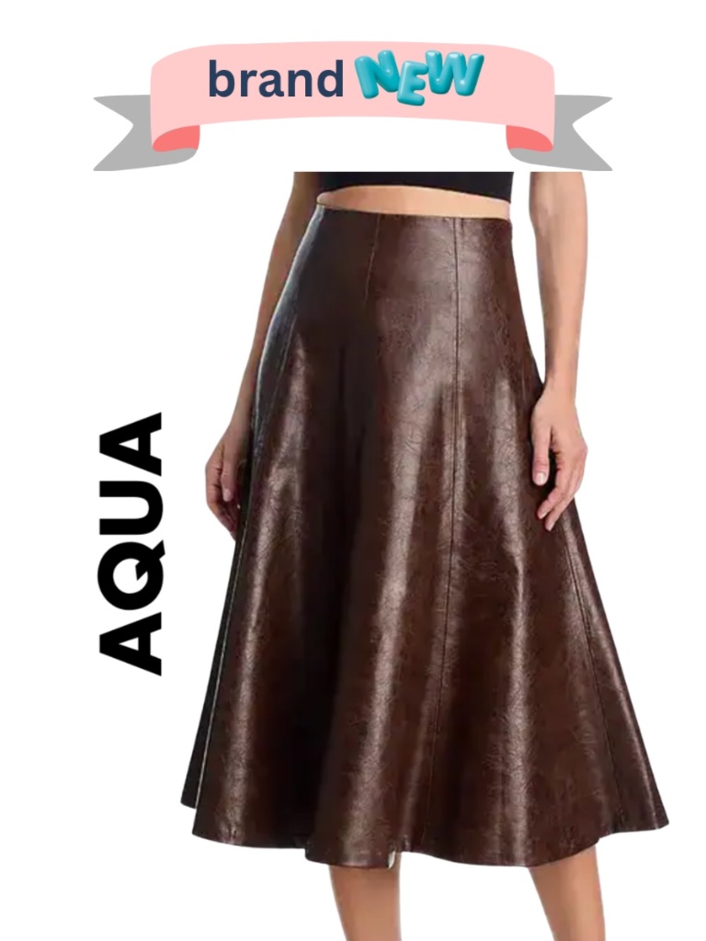 AQUA Faux Leather Midi Skirt Brown - Bloomingdale’s Exclusive Size Medium NWT